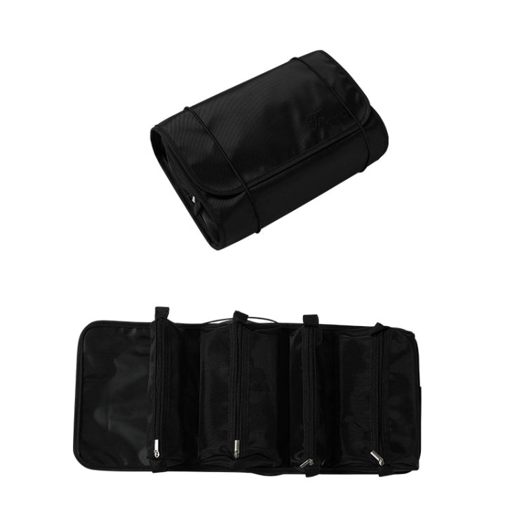 Cosmetics storage bag in black with multiple zip compartments and adjustable top strap