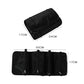 Black multi-compartment cosmetics bag with zippers and labeled dimensions (55x24x17 cm)