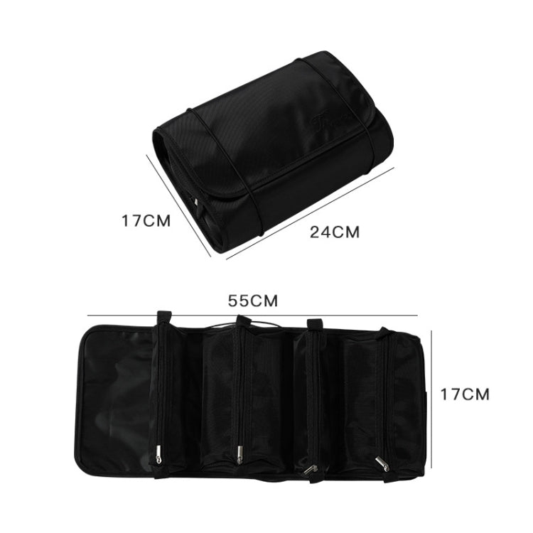 Black multi-compartment cosmetics bag with zippers and labeled dimensions (55x24x17 cm)