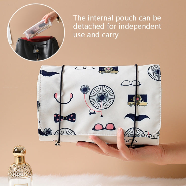 Removable inner pouch shown with zip cosmetics storage bag featuring playful print