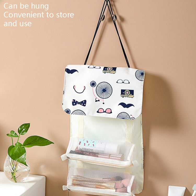 Hanging cosmetics storage bag with multiple clear pouches and organizer compartments, white