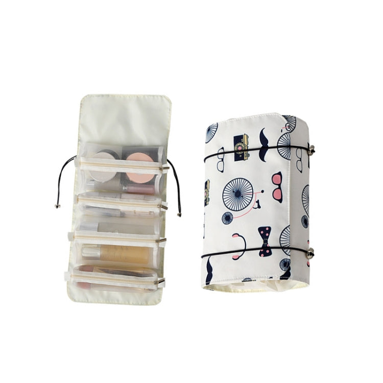 White cosmetics storage bag with removable clear pouches and playful print