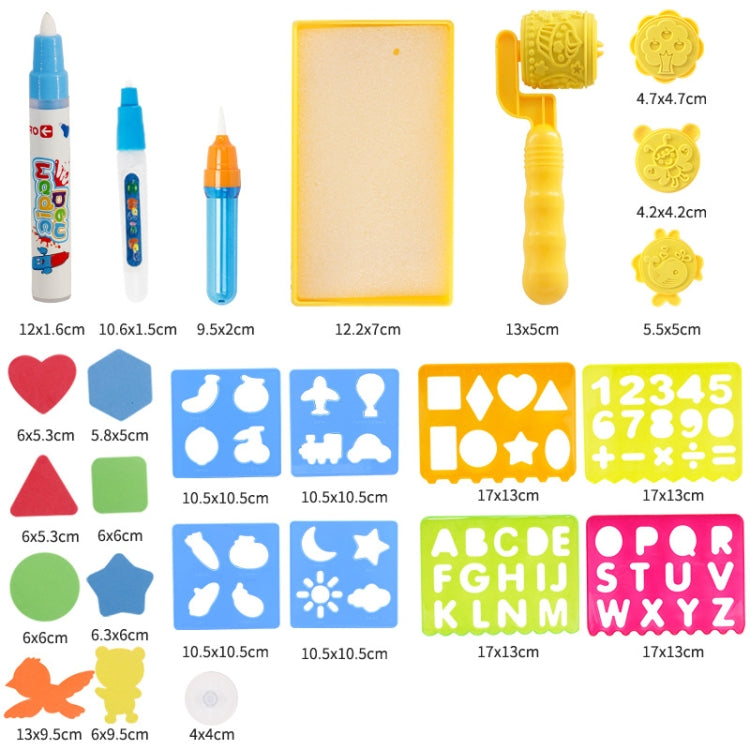 Water drawing canvas kit with multiple stamps, shape stickers, and pens