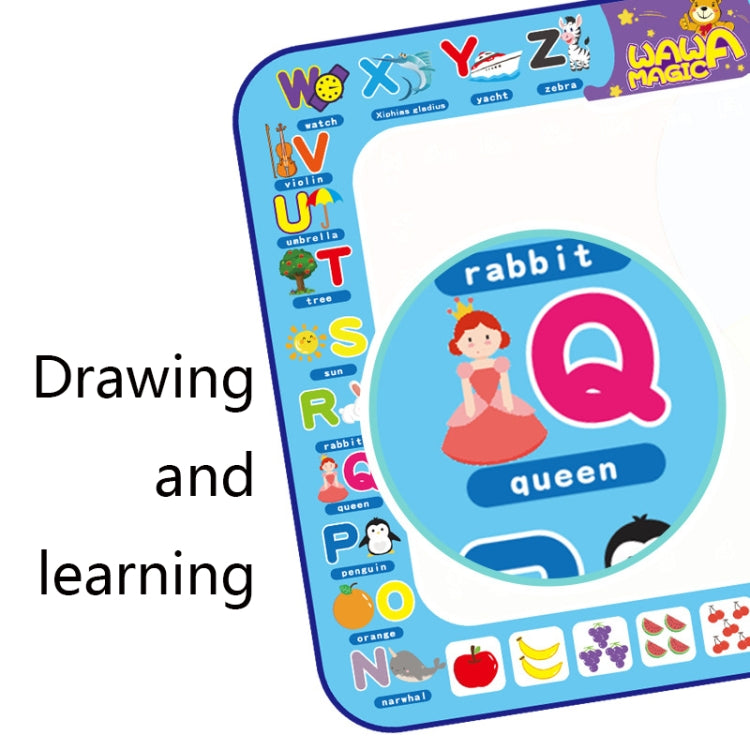 Children's water drawing canvas mat with rabbit-themed learning icons and alphabet border