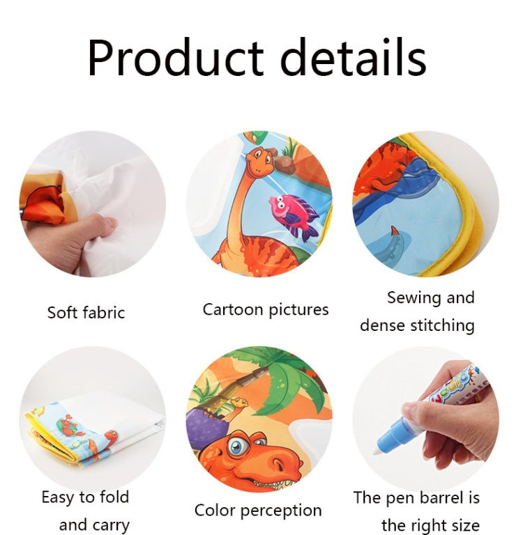 Magic water drawing mat features icons: soft fabric, easy fold, dense stitching