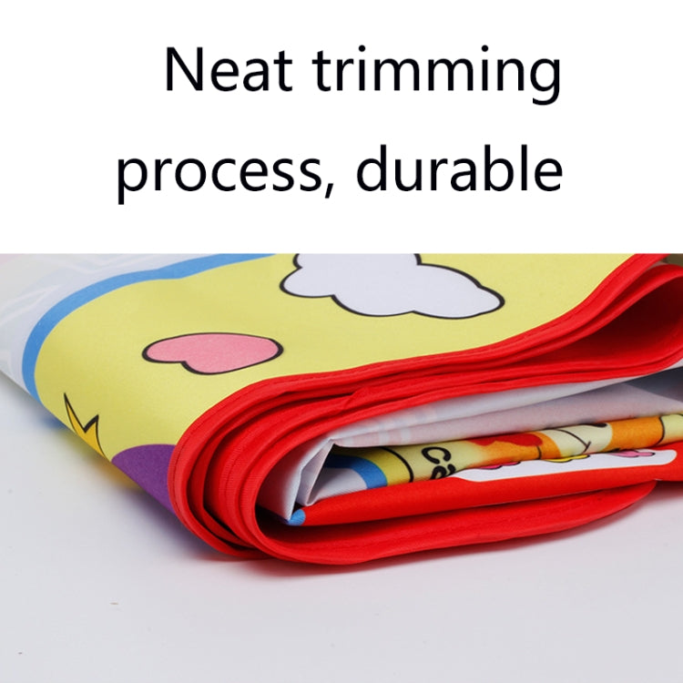 Folded water drawing mat with red edge, animal print, and rolled canvas detail