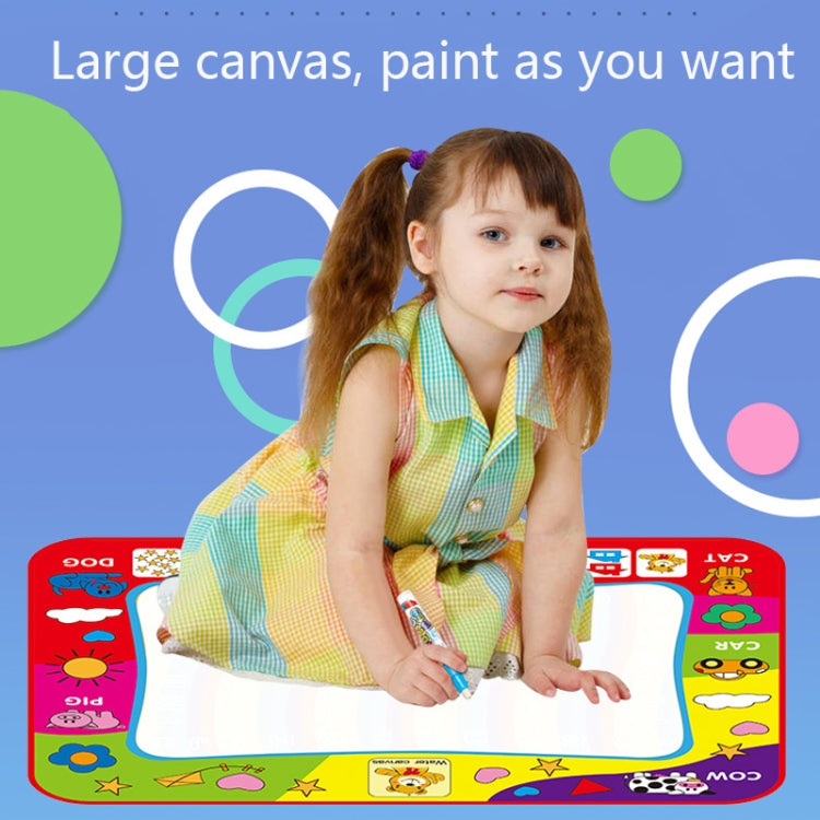 Children’s water drawing mat with animal graphics; child drawing with a pen