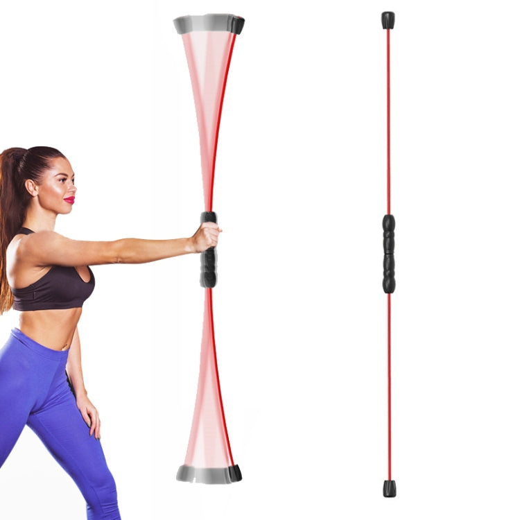 Red training tremor stick with black ribbed handle, exerciser using it during training
