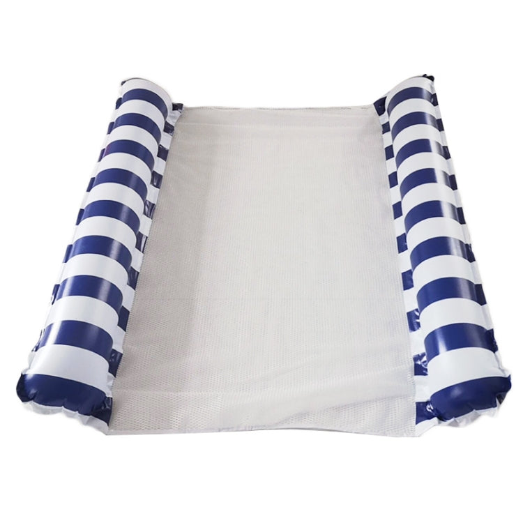 Foldable inflatable floating recliner with blue-and-white striped bolster sleeves