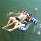 Blue striped inflatable floating recliner with backrest and two-person lounge