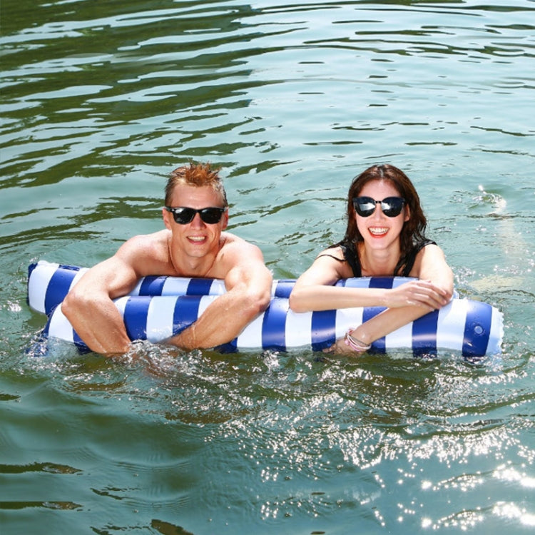 Blue striped inflatable floating recliner with backrest and two people floating