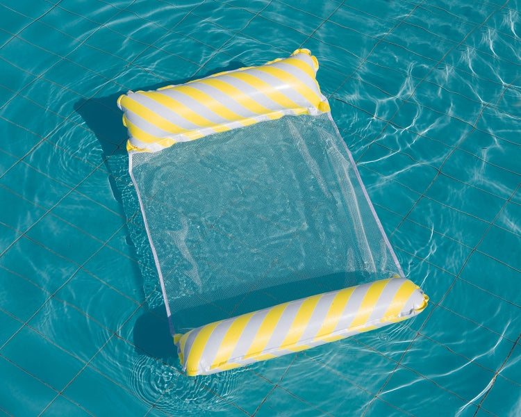 Yellow striped inflatable floating recliner with backrest and two side cushions