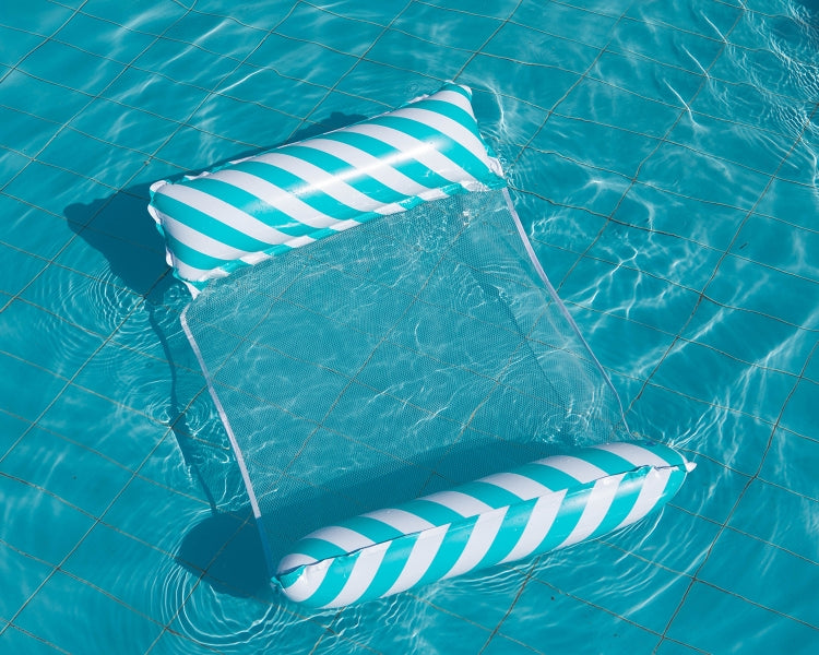 Light blue striped inflatable floating recliner with backrest and two side cushions