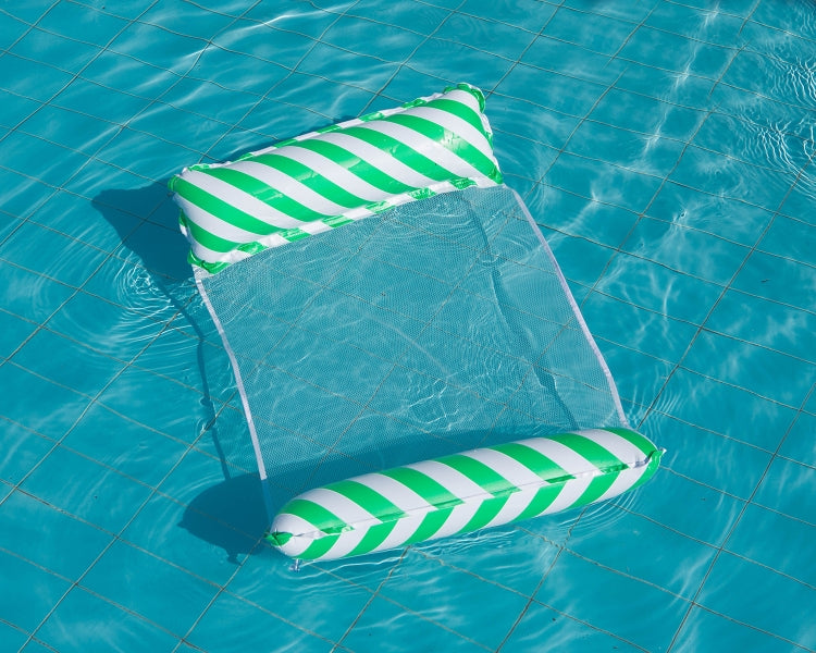 Green striped inflatable floating recliner with backrest and two side cushions