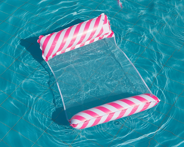 Rose pink striped inflatable floating recliner with backrest and two side cushions