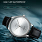 Men's quartz wristwatch with white dial, silver case, and black leather strap