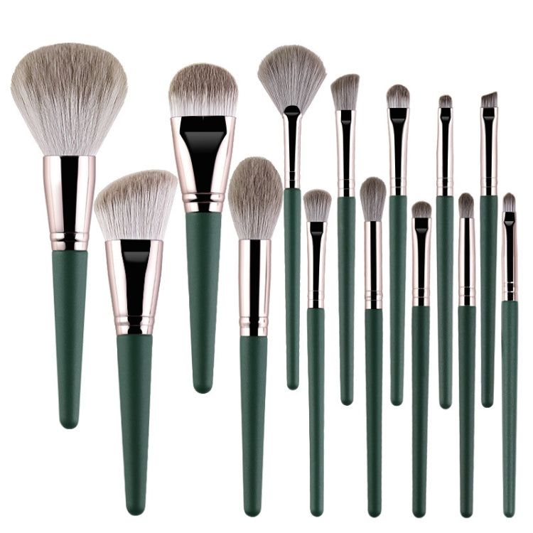 Set of makeup brushes with green wooden-style handles and silver ferrules, 14-piece