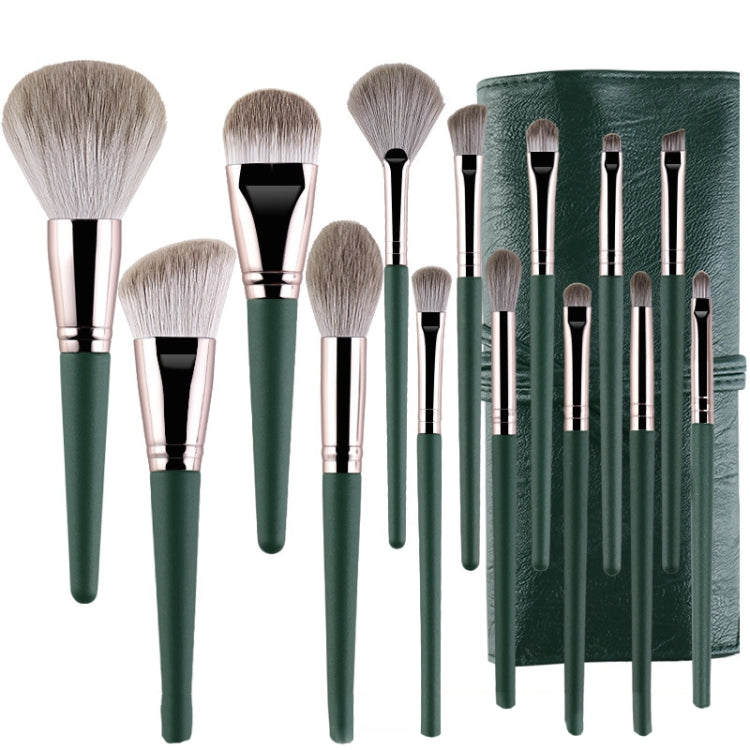 Makeup brush set with green handles and silver ferrules, with green brush holder