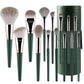 14-piece makeup brush set with green handles and silver ferrules, with green brush holder