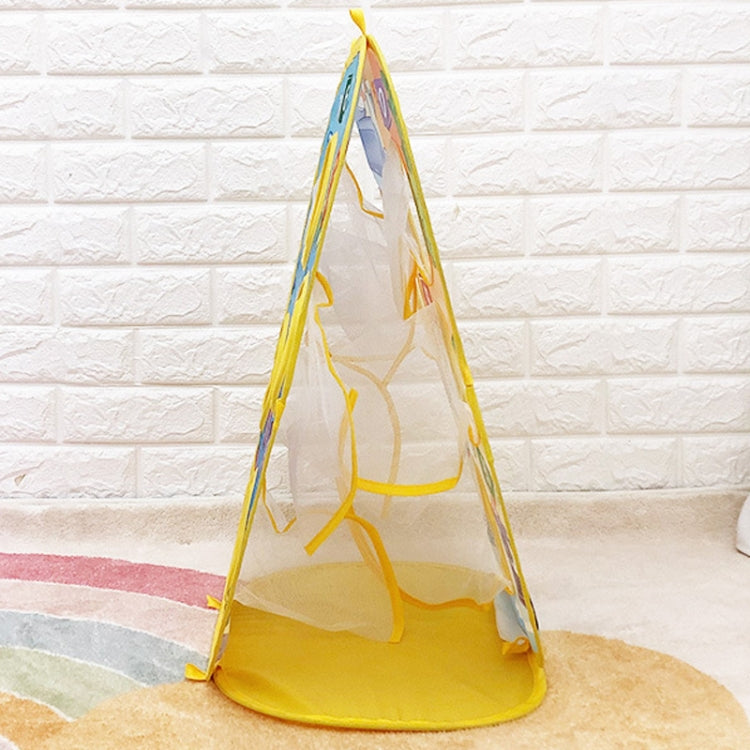 Blue and yellow ocean animal throwing sandbag tent toy with open mesh window and pole frame