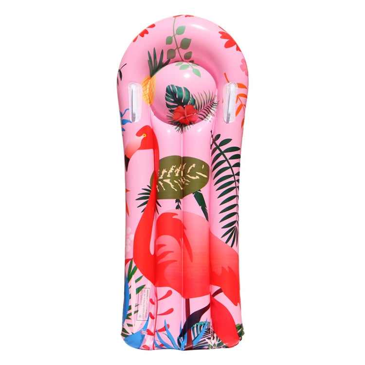 Pink inflatable children surfboard with cartoon animal jungle pattern, upright front view