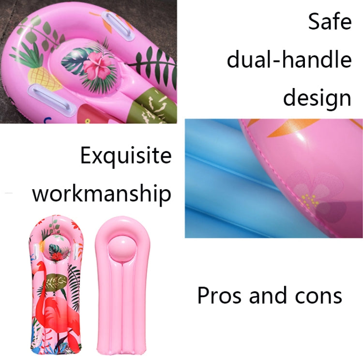 Pink inflatable surfboard with clear dual handles and tropical animal pattern