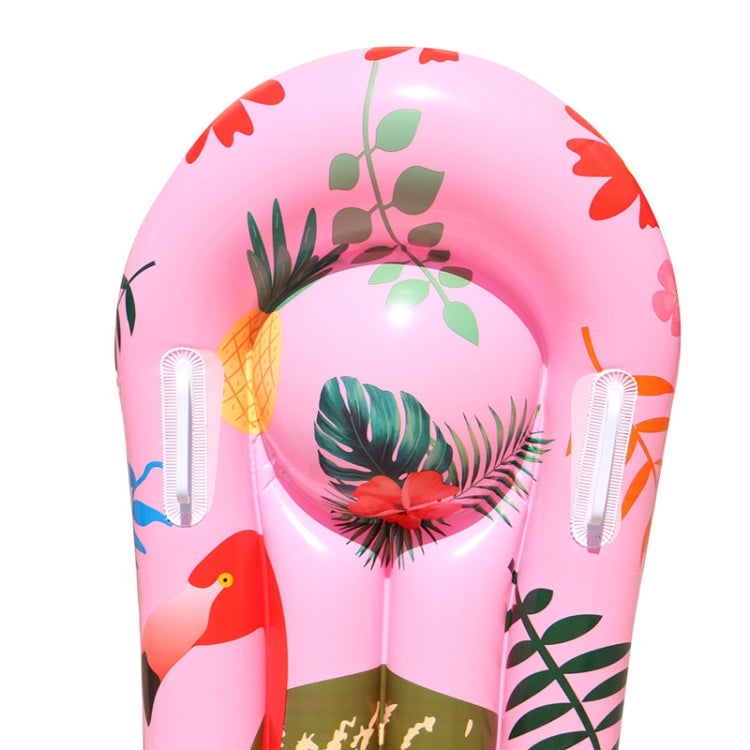 Pink inflatable surfboard with cartoon birds and jungle leaf pattern, front view