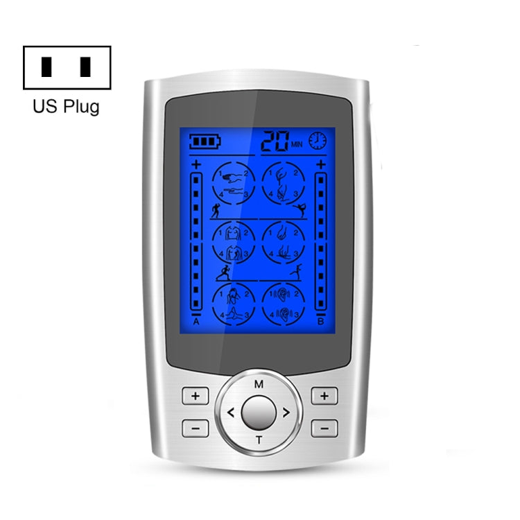 Silver digital pulse massager with blue display and US plug, front control buttons