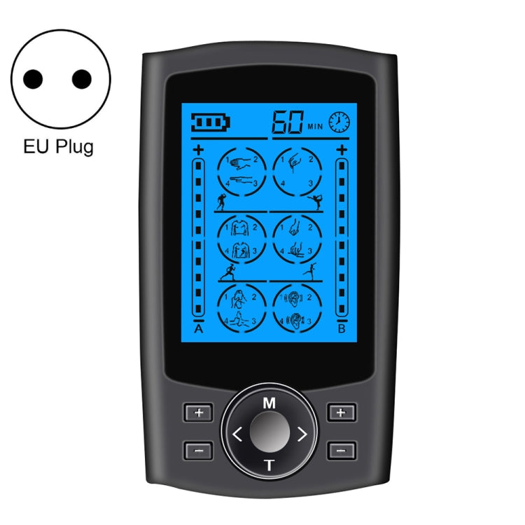 Black digital pulse massager with blue display and EU plug, front control buttons