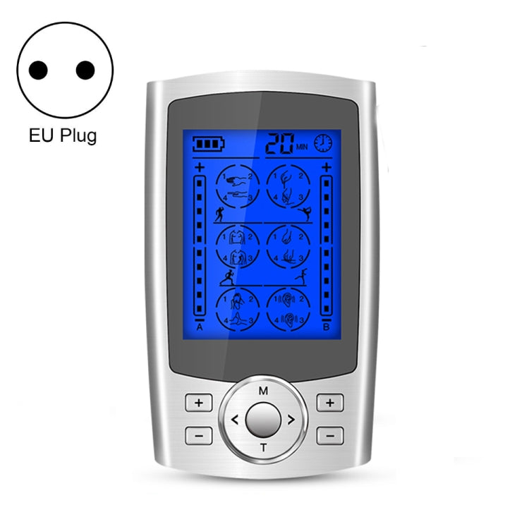 Silver digital pulse massager with blue display and EU plug, front control buttons