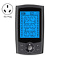 Black digital pulse massager with blue display and AU plug, front control buttons