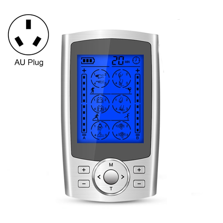 Silver digital pulse massager with blue display and AU plug, front control buttons