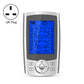 Silver digital pulse massager with blue display and UK plug, front control buttons