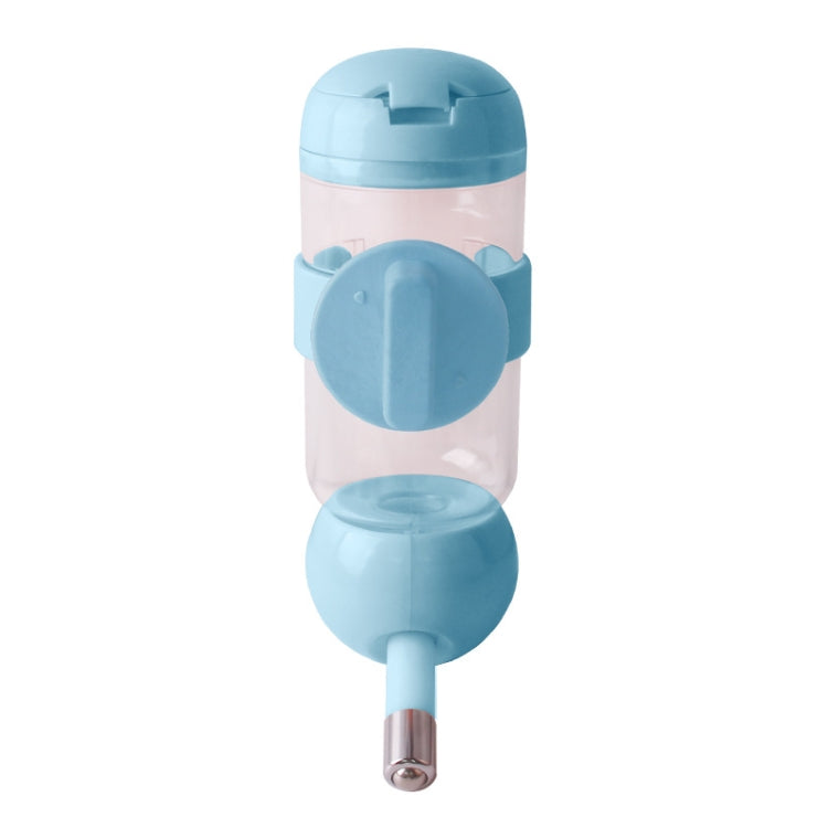 Blue hanging pet water cup with flip-top reservoir and drinking nozzle