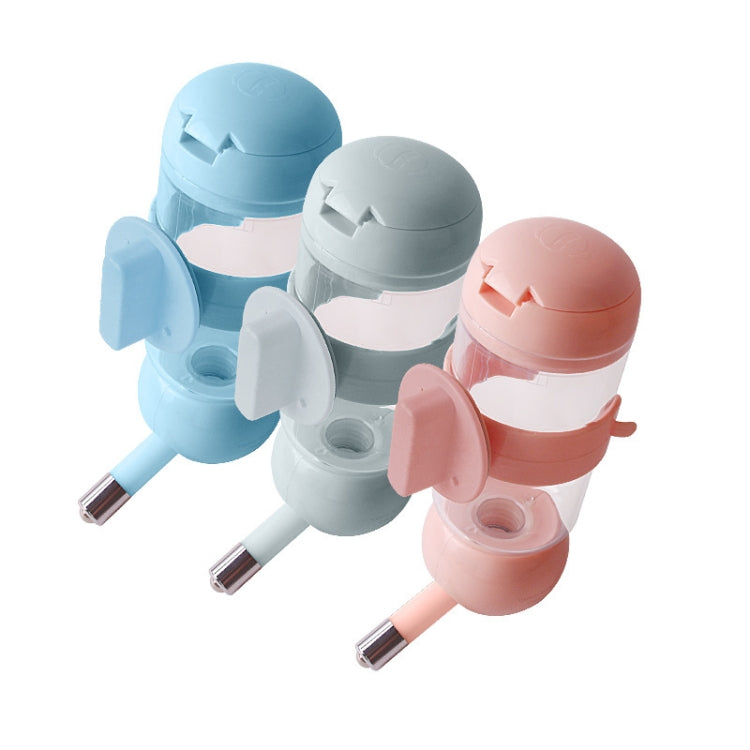 Set of hanging pet water cups in light blue, gray, and pink with drink nozzles