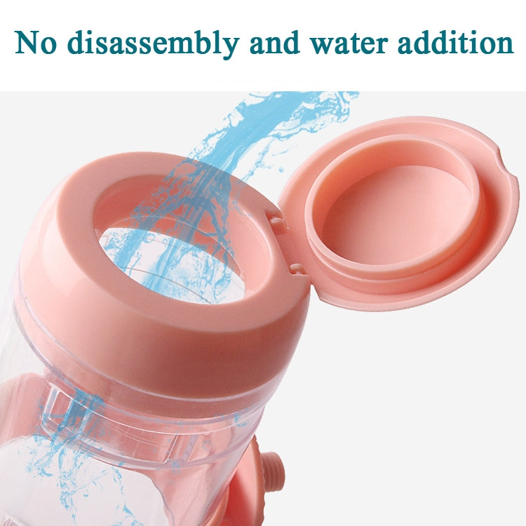 Pink pet water cup with open flip-top lid showing refill opening