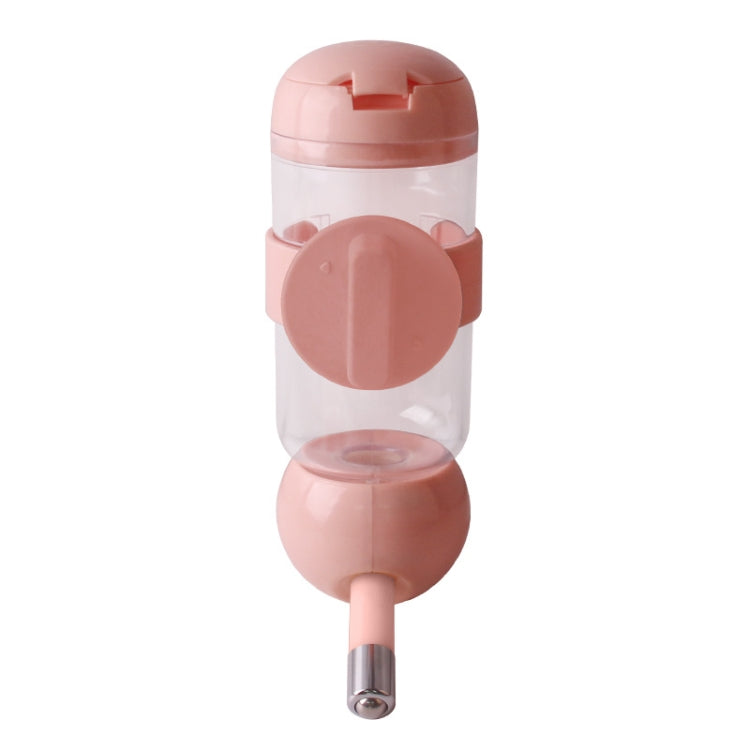 Pink hanging pet water cup with translucent body and flip-top drinking lid