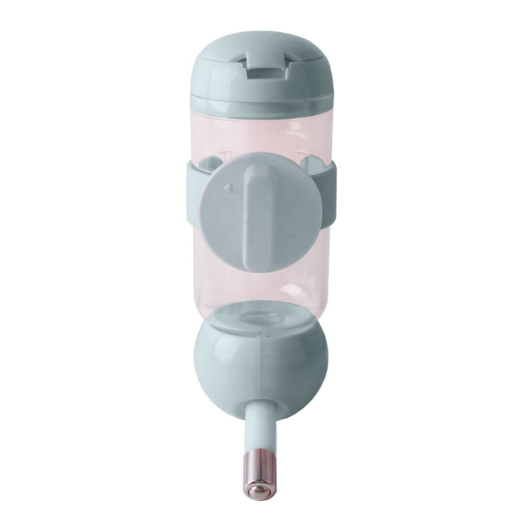 Light blue hanging pet water cup with translucent tank and metal ball nozzle