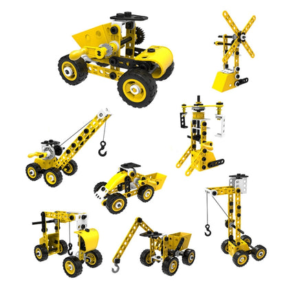 Yellow and black 8-in-1 building blocks set with assembled engineering vehicles, 100 pcs