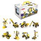 Engineering vehicle building block kit box with yellow and black vehicle models, 8-in-1