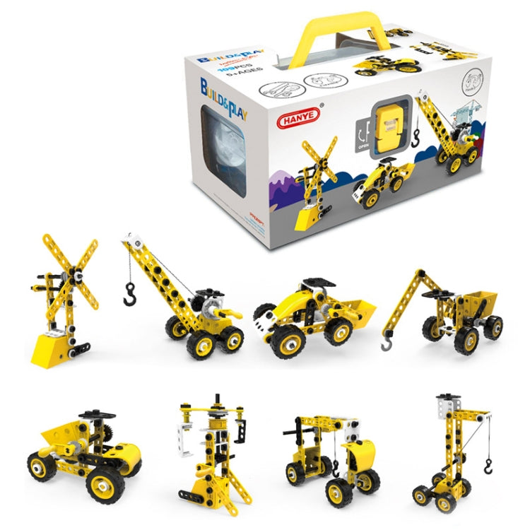 Engineering vehicle building block kit box with yellow and black vehicle models, 8-in-1