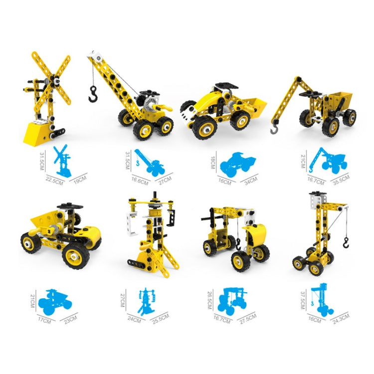 Yellow and black assembled building-block vehicle models shown with size diagram