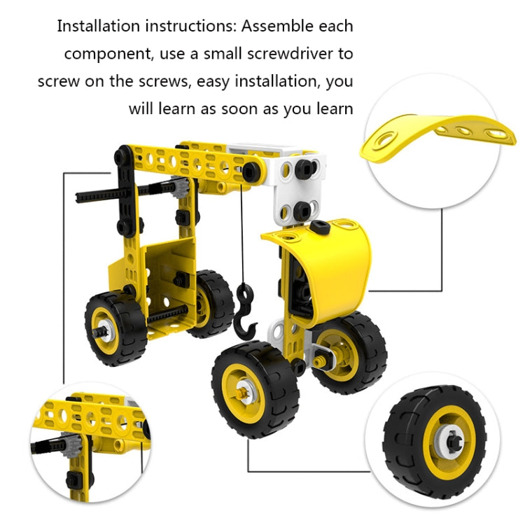 Yellow and black construction vehicle building block model with wheel close-up details