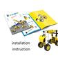 Yellow and black building block instruction booklet with assembled engineering vehicle