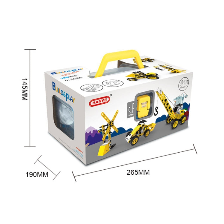 Engineering vehicle building block kit box with yellow and black models and dimensions