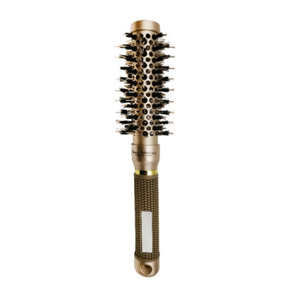 Ceramic roller hair brush with gold barrel, dense black bristles, and textured grip handle
