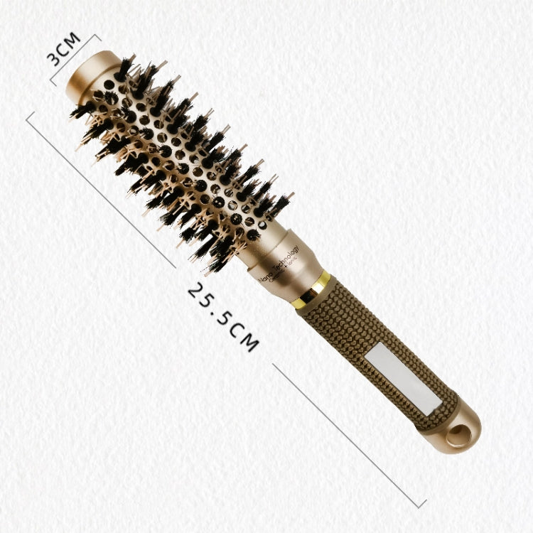 Ceramic round curling brush with gold barrel, black bristles, and textured handle grip