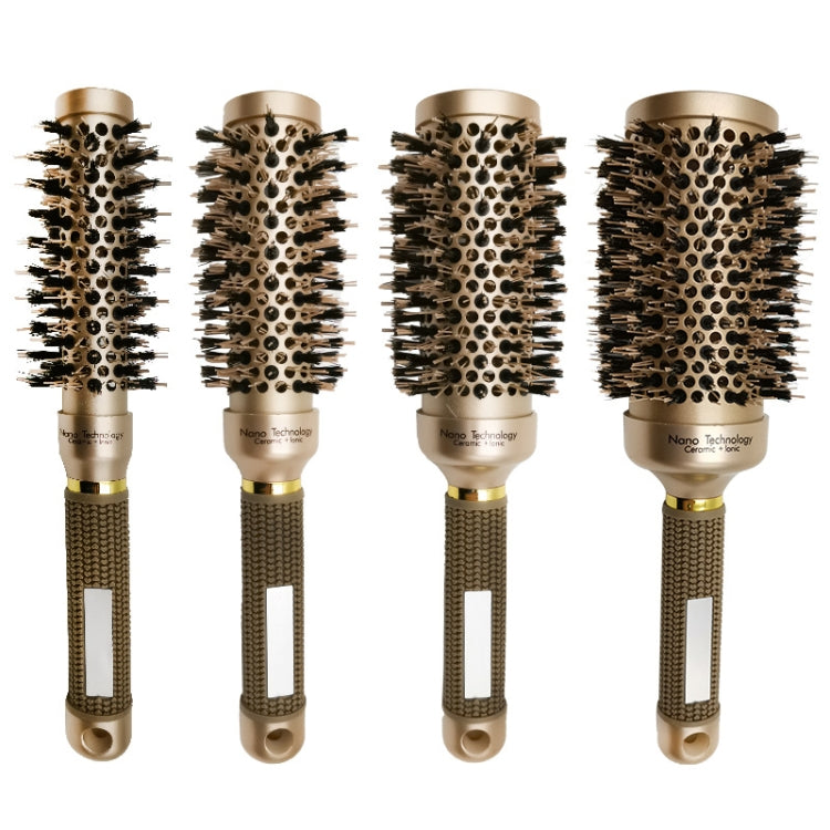Set of ceramic roller hair brushes with gold barrels, black bristles, and textured handles