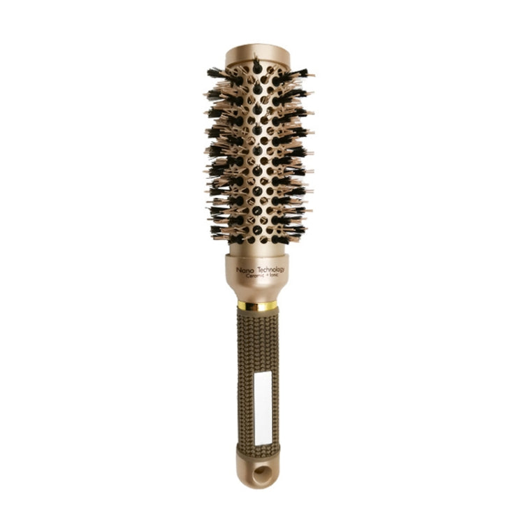 Ceramic roller comb brush with gold cylinder barrel, black bristles, and textured handle