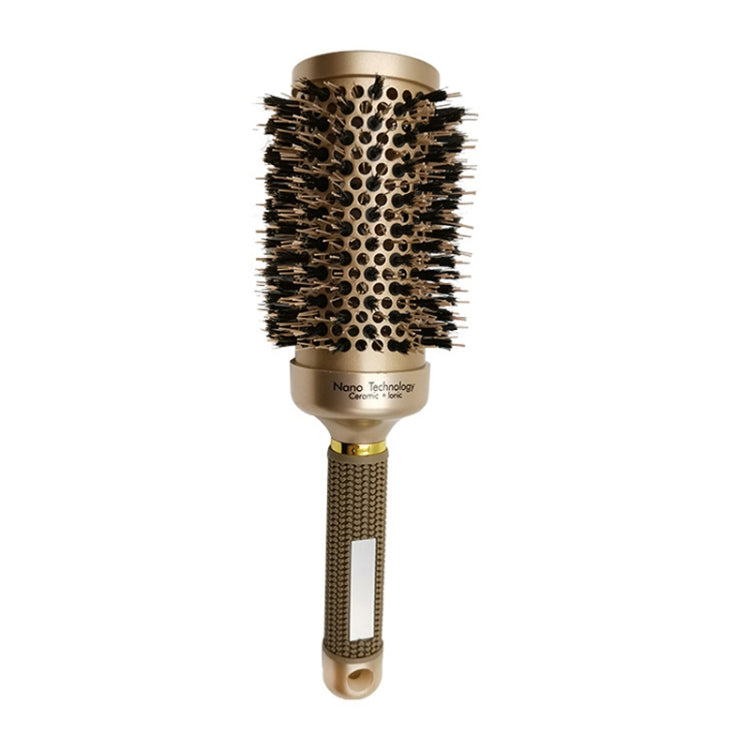 Ceramic roller hair brush with gold barrel, black bristles, and textured grip handle